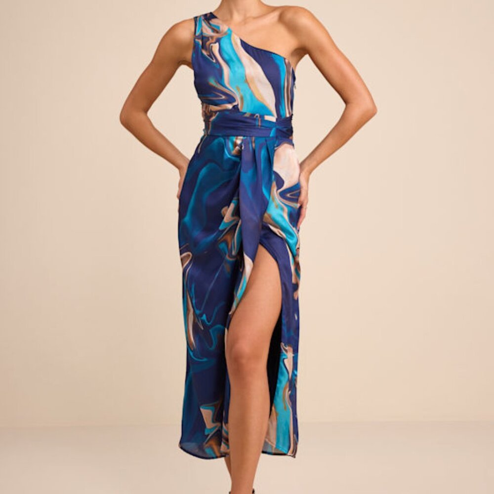 Lulus Rhema Blue Multi Abstract Print Satin Midi Dress - Size M